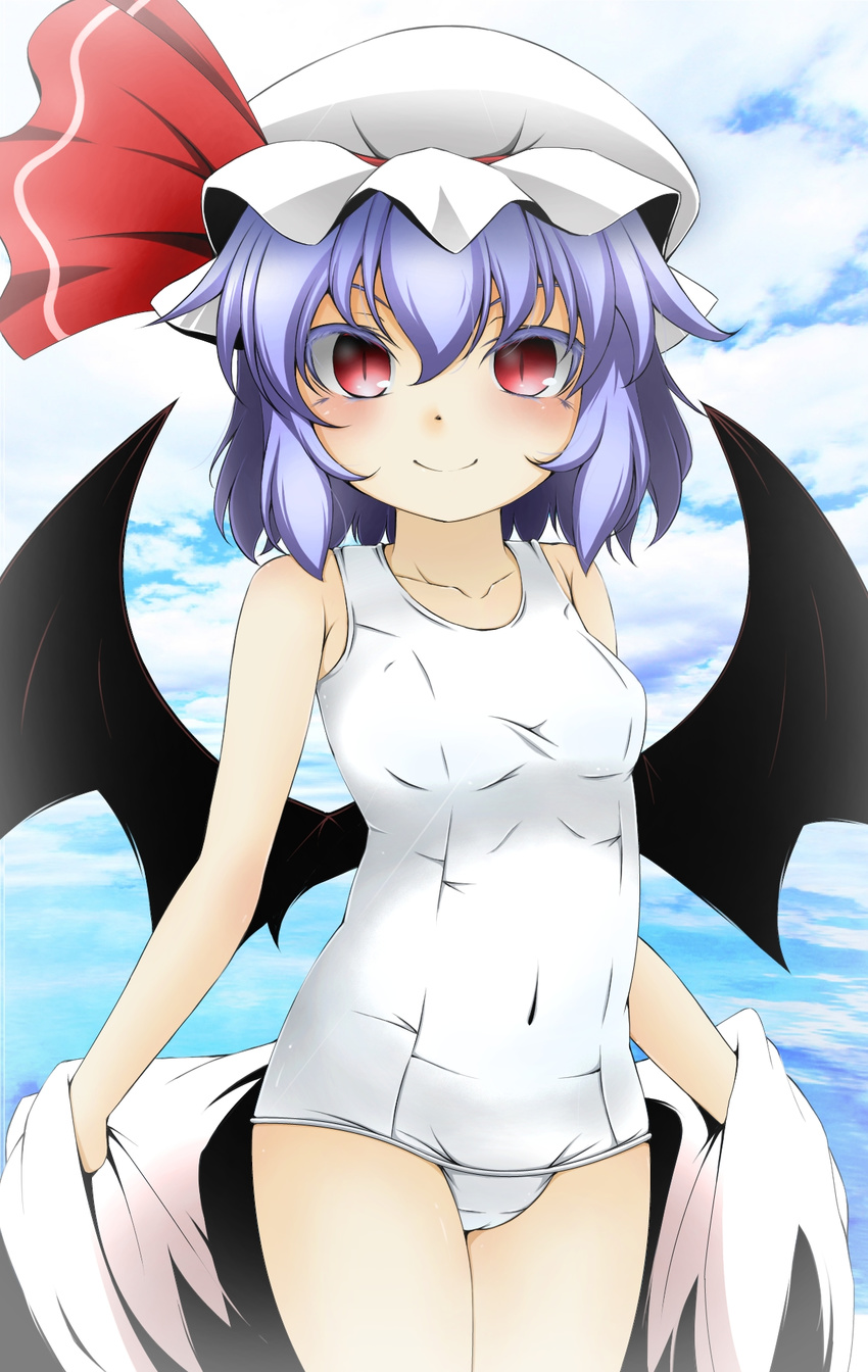 bat_wings blue_hair covered_navel day fumi_(fumifumi-graffiti) hat highres mob_cap one-piece_swimsuit red_eyes remilia_scarlet school_swimsuit short_hair swimsuit touhou towel white_school_swimsuit white_swimsuit wings