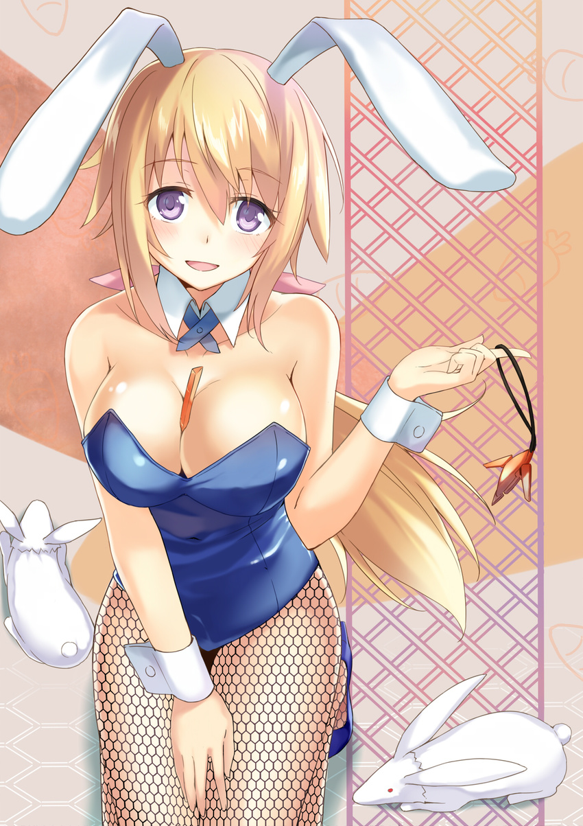 animal_ears bad_id bad_pixiv_id between_breasts blonde_hair blue_leotard blush breasts bunny bunny_ears bunnysuit cccpo charlotte_dunois cleavage detached_collar fishnet_pantyhose fishnets highres infinite_stratos jewelry large_breasts leotard long_hair necklace pantyhose purple_eyes seiza sitting smile solo wrist_cuffs