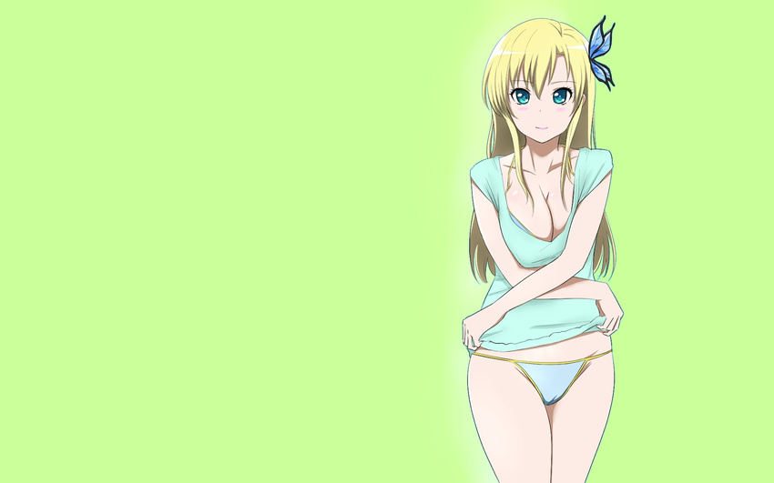 aqua_eyes bikini bikini_under_clothes blonde_hair blue_bikini blue_shirt boku_wa_tomodachi_ga_sukunai breasts butterfly_hair_ornament cameltoe cleavage green_background hair_ornament highres kashiwazaki_sena large_breasts long_hair shirt smile solo swimsuit swimsuit_under_clothes t-shirt tonotyama undressing