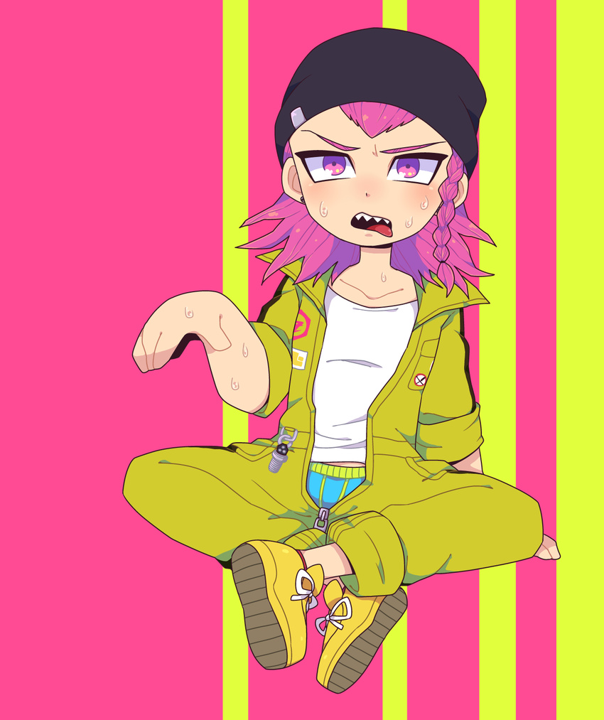 1boy beanie braid chibi danganronpa earrings hat highres holding indian_style jewelry looking_at_viewer male male_focus mechanic moyori pink_background pink_eyes pink_hair sharp_teeth shoes simple_background sitting sleeves_rolled_up sneakers solo souda_kazuichi striped striped_background super_danganronpa_2 sweat tongue tongue_out underwear unzipped yellow_background