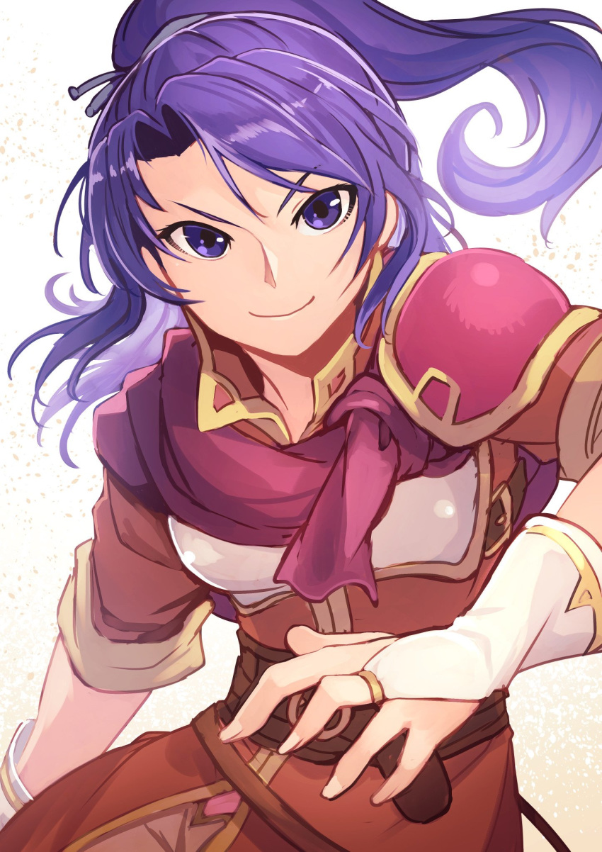 1girl armor bangs belt blue_eyes blue_hair breastplate bridal_gauntlets closed_mouth commentary_request fingernails fire_emblem fire_emblem:_monshou_no_nazo highres long_hair looking_at_viewer my_unit_(fire_emblem:_shin_monshou_no_nazo) nakabayashi_zun nintendo ponytail shiny shiny_hair short_sleeves shoulder_armor shoulder_pads simple_background smile solo