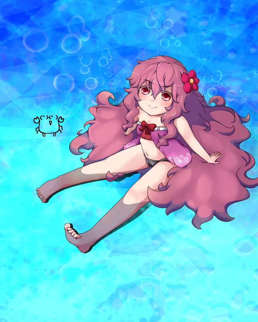 :&gt; arm_support babydoll blush bow bubble chibi chibi_inset crab flower hair_flower hair_ornament highres long_hair looking_at_viewer looking_up midriff navel original pink_hair red_eyes short_shorts shorts sitting toes very_long_hair winu_(hertrion)
