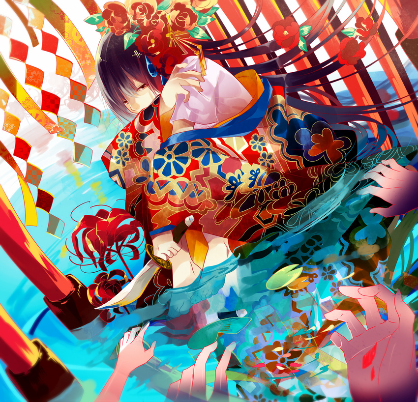 dagger dutch_angle flower full_body hair_flower hair_ornament hands highres japanese_clothes legs_up lily_pad long_hair lotus omutatsu original partially_submerged pond red_eyes ripples sitting solo water weapon wind_chime