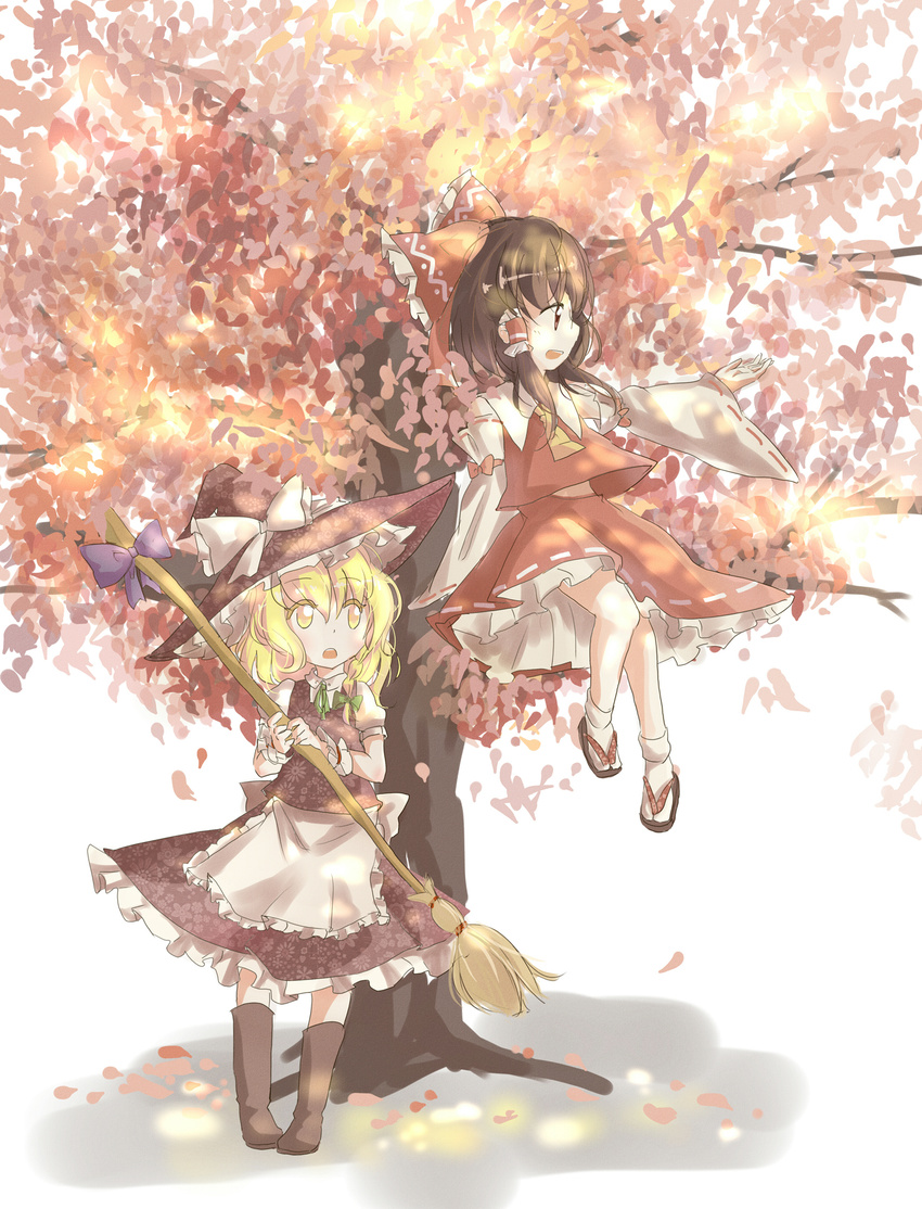 arm_support blonde_hair bow braid broom broom_ribbon brown_eyes brown_hair detached_sleeves floral_print hair_tubes hakurei_reimu hat highres holding kirisame_marisa leaf looking_away multiple_girls open_mouth outstretched_arm pzxx313 short_hair simple_background sitting sitting_on_object tabi touhou tree white_background witch_hat yellow_eyes