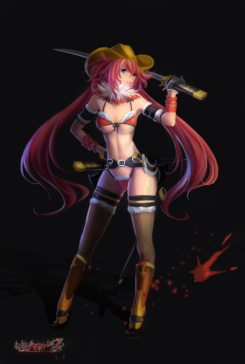 bad_id bad_pixiv_id bikini black_background black_gloves blue_eyes boots breasts cowboy_boots cowboy_hat feather_boa fishnet_legwear fishnets front-tie_bikini front-tie_top full_body gloves hand_on_hip hat highres kagura_(oneechanbara) katana large_breasts long_hair oneechanbara over_shoulder pink_hair pinky_out scabbard sheath solo standing stellarism swimsuit sword sword_over_shoulder thigh_strap thighhighs underboob very_long_hair weapon weapon_over_shoulder western