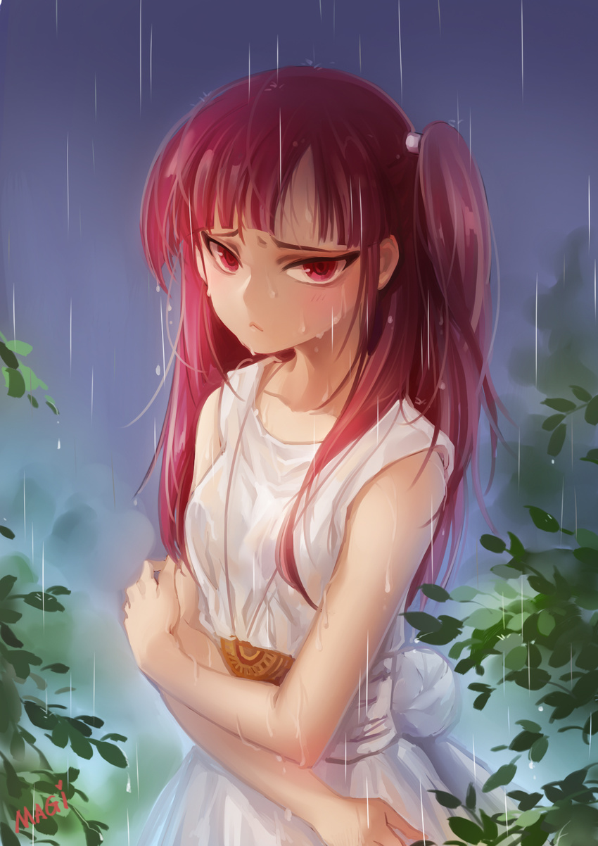blush crossed_arms dress highres huazha01 long_hair looking_at_viewer magi_the_labyrinth_of_magic morgiana one_side_up rain red_eyes red_hair solo wet wet_clothes