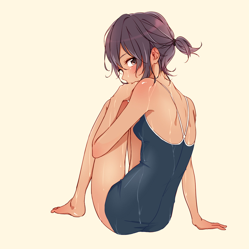 ass back bad_id bad_pixiv_id bangs barefoot beige_background blue_swimsuit blush breasts brown_eyes covering_mouth from_behind full_body hair_between_eyes hand_up highres looking_at_viewer looking_back one-piece_swimsuit original purple_hair school_swimsuit shiny shiny_skin short_hair short_ponytail sidelocks simple_background sitting small_breasts solo swimsuit tan teti thighs wet