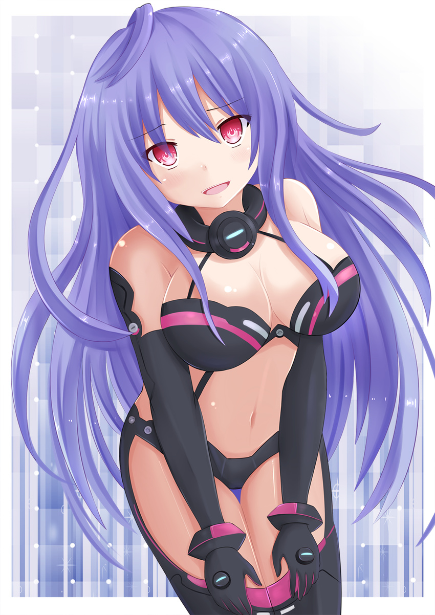 blush breasts cleavage elbow_gloves gloves highres iris_heart kami_jigen_game_neptune_v kazenokaze long_hair looking_at_viewer medium_breasts midriff navel neptune_(series) open_mouth purple_hair red_eyes shiny shiny_skin solo symbol-shaped_pupils thigh_gap very_long_hair