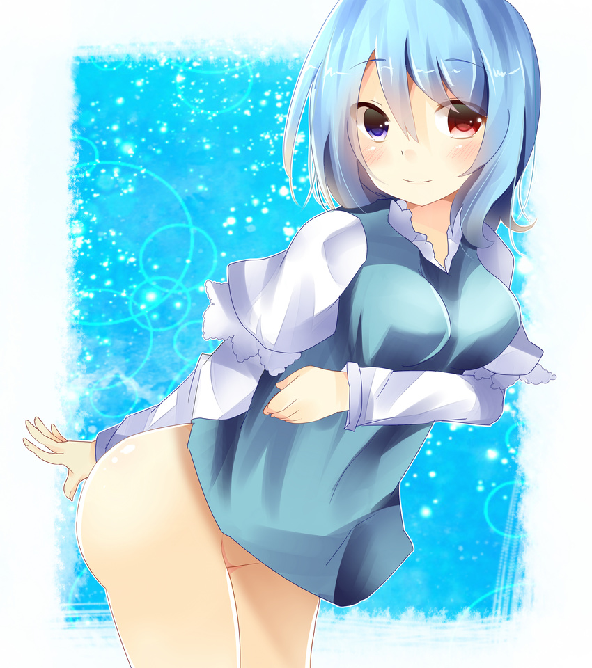 absurdres bad_id bad_pixiv_id blue_eyes blue_hair bottomless heterochromia highres red_eyes short_hair solo tamagogayu1998 tatara_kogasa touhou