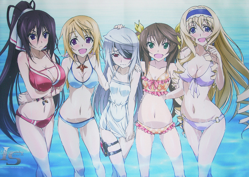 5girls absurdres bikini black_hair blonde_hair blue_eyes blush bodewig breasts brown_hair c84 cecilia_alcott charlotte_dunois cleavage drill_hair duplicate eyepatch front-tie_top frown green_eyes highres holster huang_lingyin huge_filesize infinite_stratos jewelry laura laura_bodewig long_hair looking_at_viewer multiple_girls navel o-ring_bottom ocean official_art open_mouth pendant photo ponytail purple_eyes red_eyes scan shinonono_houki shiny shiny_skin silver_hair smile swimsuit thigh_gap thigh_holster twintails very_long_hair wading water