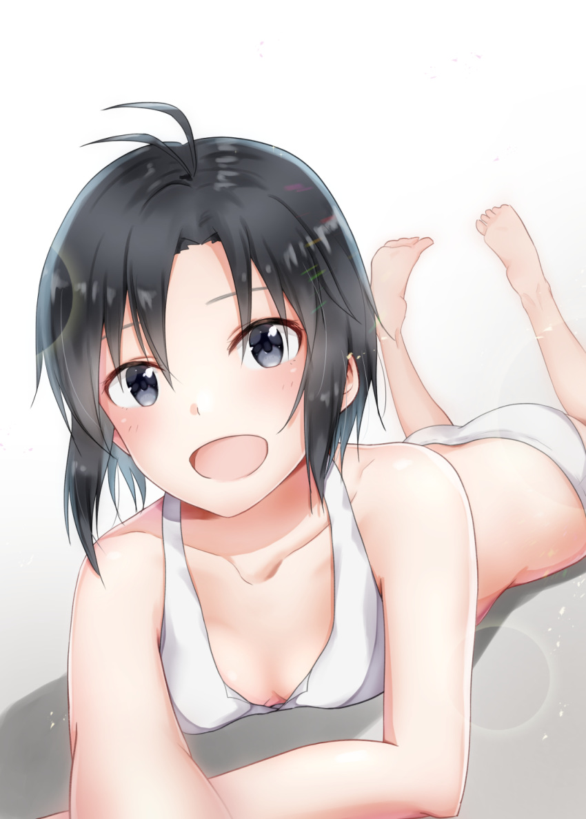 1girl :d antenna_hair ass bare_shoulders bikini black_hat breasts cleavage collarbone gradient gradient_background grey_eyes hair_between_eyes hat highres idolmaster idolmaster_(classic) kikuchi_makoto legs_up looking_at_viewer lying mogskg on_stomach open_mouth shiny shiny_hair short_hair small_breasts smile soles solo swimsuit white_background white_bikini