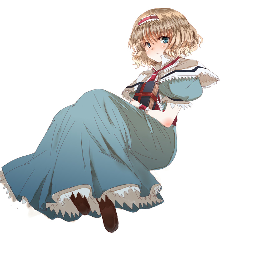 alice_margatroid bad_id bad_pixiv_id blonde_hair blue_eyes book capelet dan_(ssfsfsdf) dress frown hairband highres knees_up lolita_hairband looking_at_viewer puffy_short_sleeves puffy_sleeves ribbon sash short_hair short_sleeves simple_background solo touhou white_background wrist_cuffs