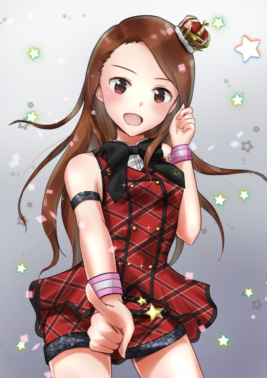 1girl :d arm_strap black_neckwear brown_hair cowboy_shot crown floating_hair grey_background highres idolmaster idolmaster_(classic) index_finger_raised long_hair looking_at_viewer minase_iori mogskg open_mouth prologue_rouge red_eyes red_shirt red_shorts shirt short_shorts shorts sleeveless sleeveless_shirt smile solo sparkle standing thigh_gap very_long_hair wristband
