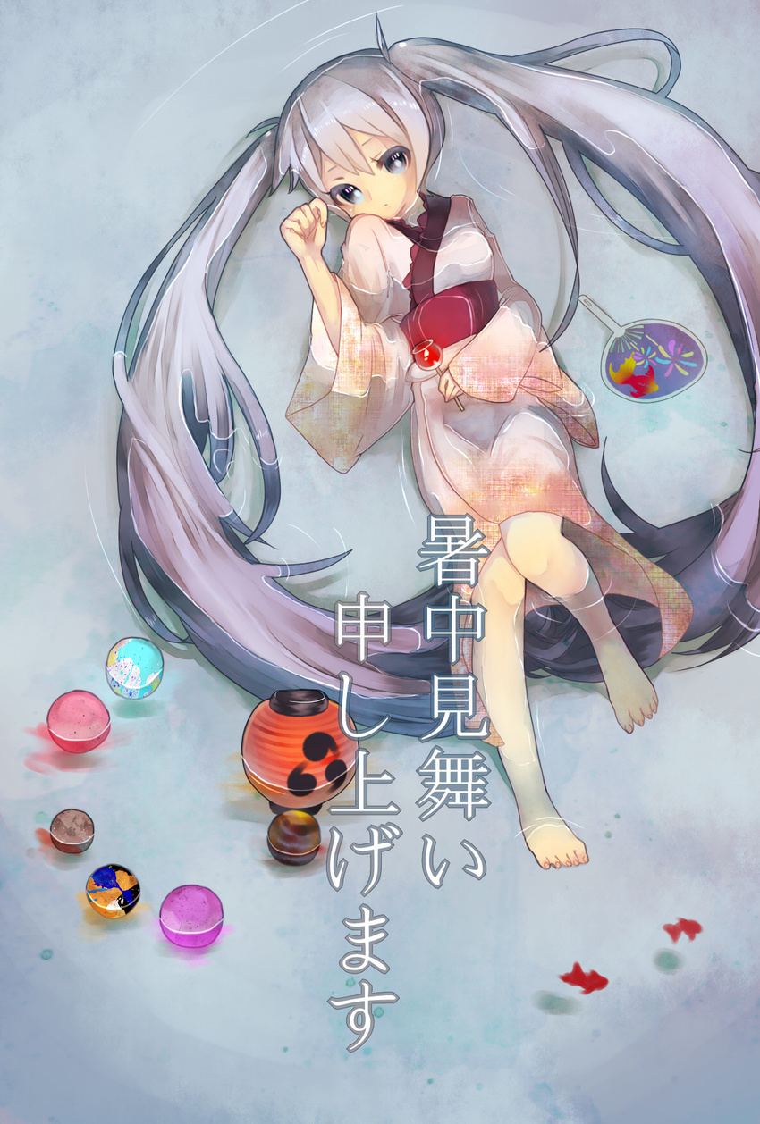 bad_id bad_pixiv_id barefoot blue_eyes fish hatsune_miku highres japanese_clothes kimono long_hair nagao_(cat610) purple_hair solo twintails very_long_hair vocaloid water