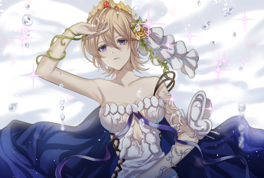 1girl arm_up armpits bed_sheet blonde_hair blue_cape blue_ribbon breasts cape cleavage collarbone diadem dress europa_(granblue_fantasy) flower granblue_fantasy hair_between_eyes hair_flower hair_ornament highres kurozatou_owata lying medium_breasts on_back pink_flower pink_rose purple_eyes ribbon rose short_hair sleeveless sleeveless_dress solo sparkle strapless strapless_dress upper_body white_dress yellow_flower yellow_rose