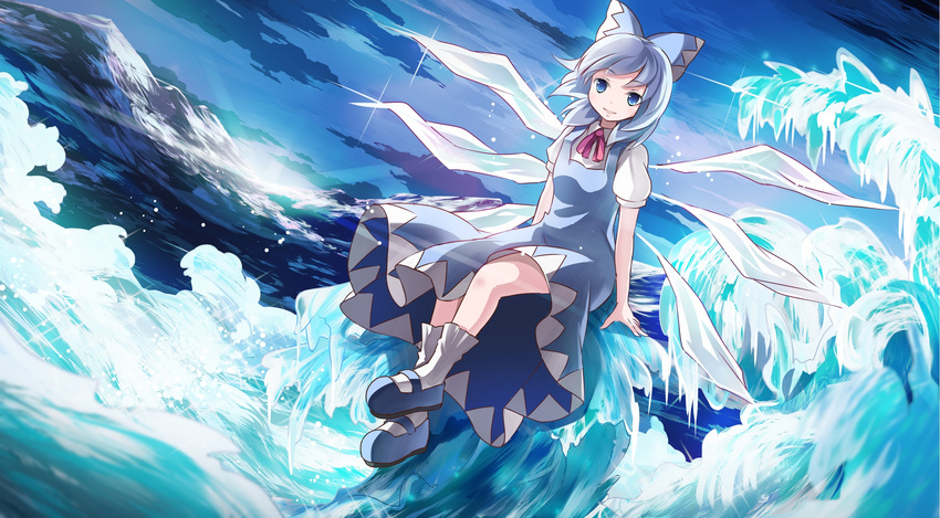 blue_dress blue_eyes blue_hair bow cirno cloud dress hair_bow highres ice ice_wings looking_at_viewer mountain puffy_sleeves risutaru shirt short_sleeves sitting sky smile solo sunset touhou wings