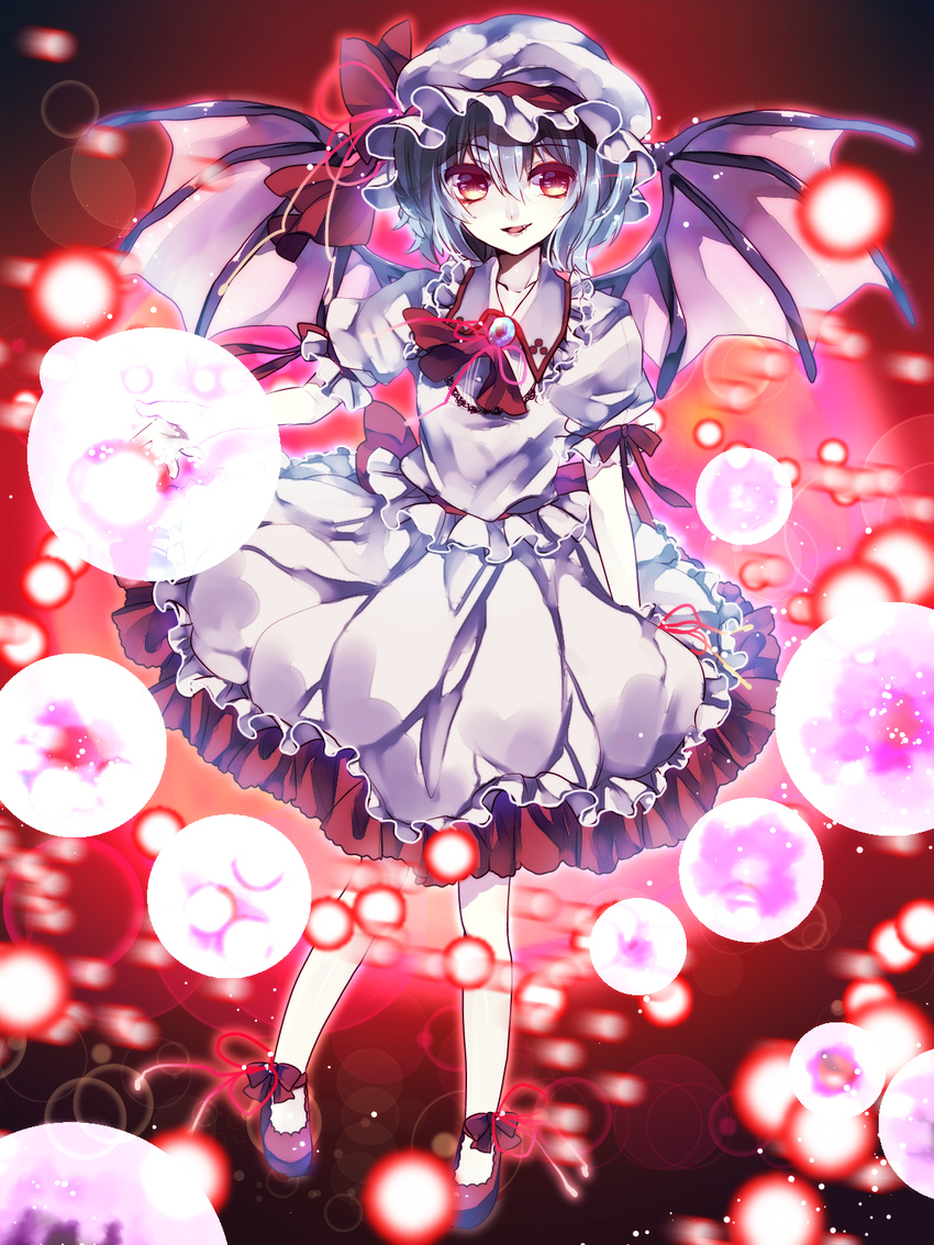 ankle_ribbon ascot aura bad_id bad_pixiv_id bat_wings blue_hair brooch danmaku fang ginzuki_ringo hat hat_ribbon highres jewelry looking_at_viewer mob_cap motion_blur no_socks open_hand pale_skin parted_lips puffy_short_sleeves puffy_sleeves red_background red_eyes remilia_scarlet ribbon shoes short_hair short_sleeves skirt skirt_set slit_pupils solo touhou wings