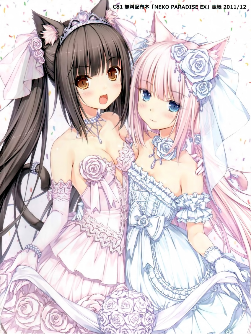 :d animal_ears bare_shoulders black_hair blue_eyes blush bouquet breasts cat_ears cat_tail chocola_(sayori) choker cleavage commentary dress elbow_gloves flower gloves hair_flower hair_ornament highres jewelry jpeg_artifacts multiple_girls nekopara open_mouth pink_hair red_eyes sayori scan slit_pupils small_breasts smile tail tail_ornament tiara twintails vanilla_(sayori) wedding_dress