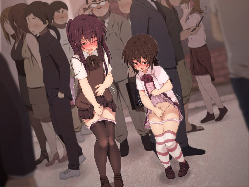 2boys adjusting_glasses androgynous blue_eyes blush brothers brown_eyes brown_hair censored crossdressing crowd dress dress_lift glasses have_to_pee highres hinamizawa_(hina-sawa) loafers masturbation multiple_boys onlookers open_mouth outdoors panties panty_pull pantyhose pantyhose_pull penis pigeon-toed pleated_skirt public public_masturbation seiryoku-zai_de_seiyoku_bohatsu! shoes siblings skirt skirt_lift striped striped_legwear striped_thighhighs sweater sweater_vest thighhighs trap trembling twintails underwear wince