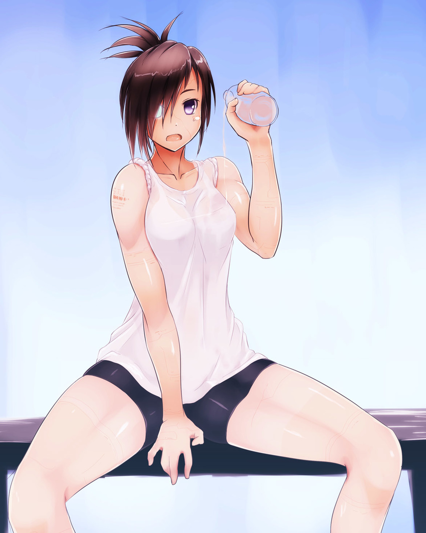 bike_shorts blue_eyes bottle brown_hair desk glowing glowing_eye hair_over_one_eye heterochromia highres on_desk onibi_(foxhound4185) original patchwork_girl_(onibi) ponytail purple_eyes shorts sitting sitting_on_desk solo tank_top tattoo water_bottle