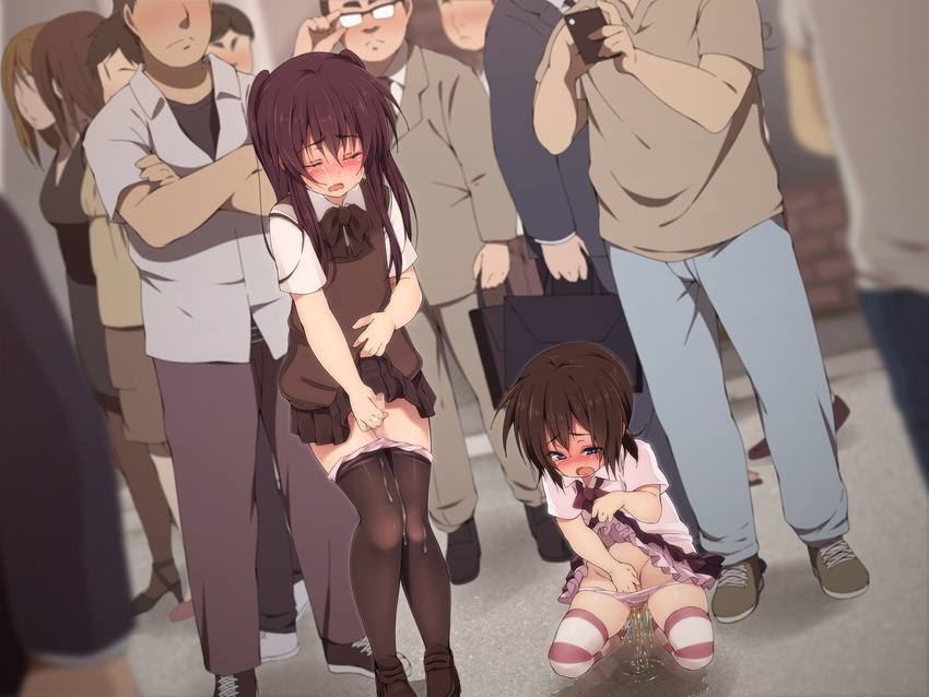 2boys adjusting_glasses androgynous blue_eyes blush brothers brown_hair censored crossdressing crowd cum cum_on_clothes dress dress_lift eyes_closed glasses highres hinamizawa_(hina-sawa) loafers masturbation multiple_boys onlookers open_mouth outdoors panties panty_pull pantyhose pantyhose_pull peeing peeing_self penis pigeon-toed pleated_skirt public public_masturbation puddle seiryoku-zai_de_seiyoku_bohatsu! shoes siblings skirt skirt_lift striped striped_legwear striped_thighhighs sweat sweater sweater_vest tears thighhighs trap trembling twintails underwear