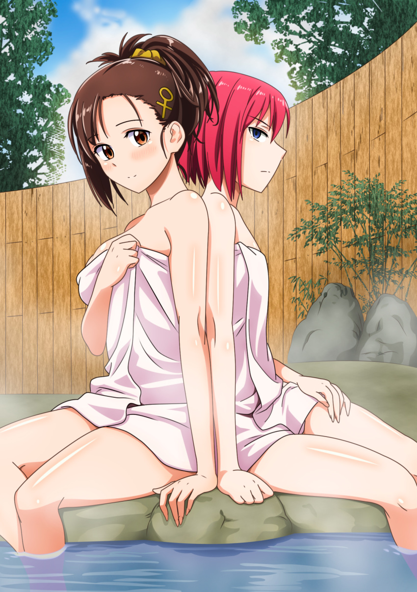 2girls back-to-back blue_eyes blush breasts brown_eyes brown_hair day derivative_work flat_chest hair_ornament hair_scrunchie high_ponytail highres looking_at_viewer maximilian-destroyer medium_breasts multiple_girls murenase!_shiiton_gakuen naked_towel onsen outdoors red_hair scrunchie shiny shiny_skin short_hair sitting smile towel white_towel yellow_scrunchie