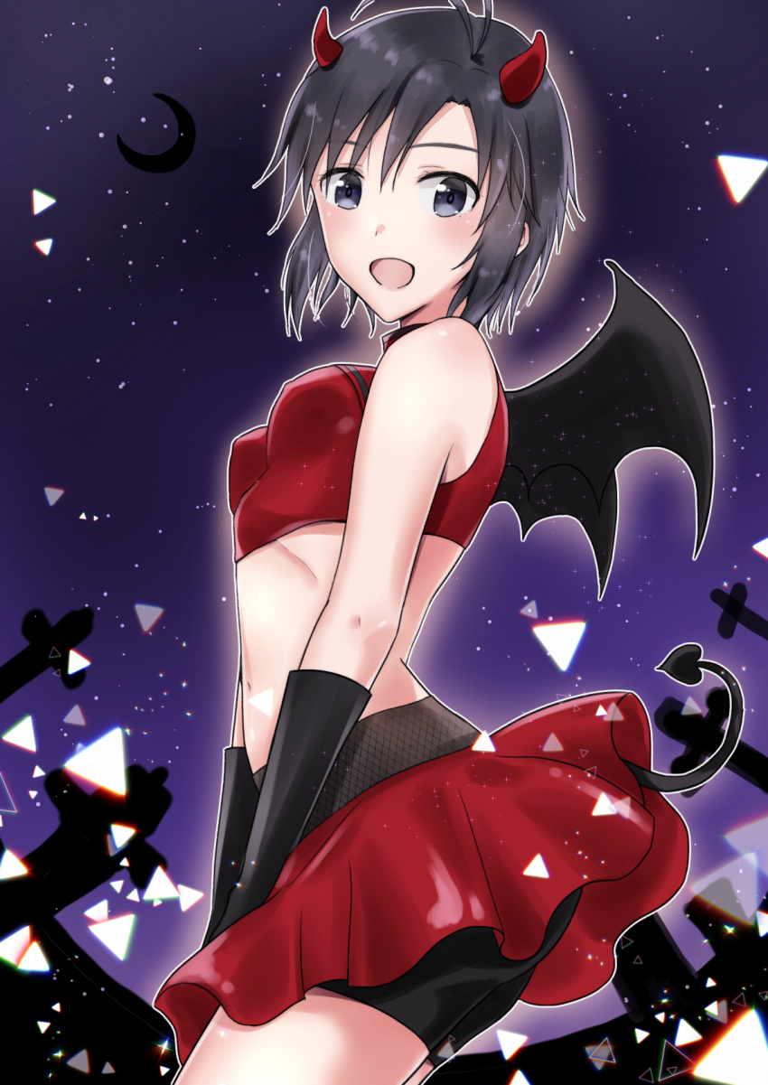 1girl :d antenna_hair bare_shoulders bike_shorts black_gloves black_hair black_shorts black_wings blush breasts cowboy_shot crescent_moon crop_top demon_wings elbow_gloves erect_nipples from_side gloves grey_eyes hair_between_eyes halloween halloween_costume highres horns idolmaster idolmaster_(classic) kikuchi_makoto looking_at_viewer midriff miniskirt mogskg moon navel open_mouth pleated_skirt red_skirt shiny shiny_skin short_hair short_shorts shorts shorts_under_skirt skirt small_breasts smile solo stomach tombstone wings