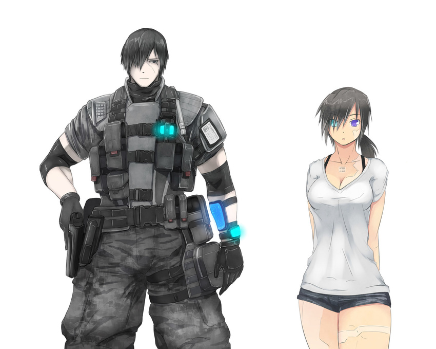 1girl black_hair blue_eyes breasts brown_hair cleavage gloves gun hair_over_one_eye handgun heterochromia highres holster image_sample md5_mismatch medium_breasts military military_uniform onibi_(foxhound4185) original patchwork_girl_(onibi) pistol pixiv_sample ponytail purple_eyes scar shorts trigger_discipline uniform weapon