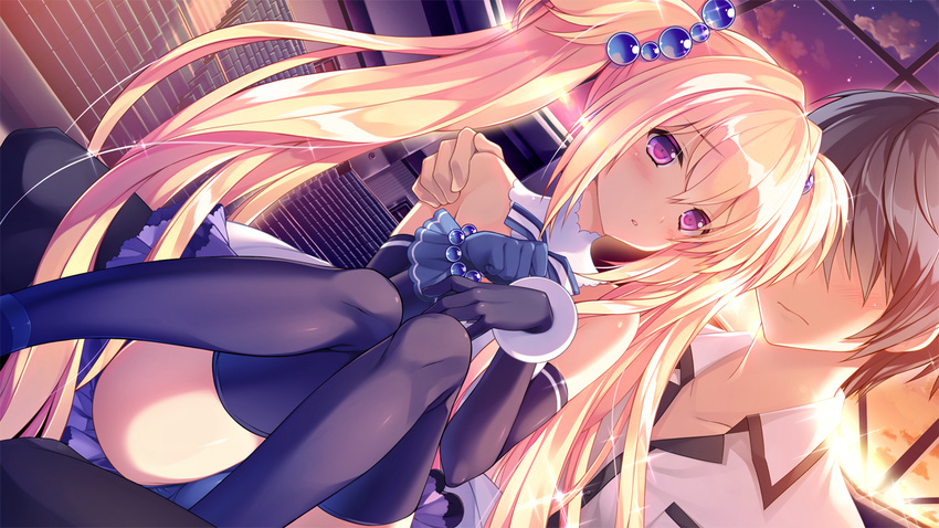 blonde_hair blush elbow_gloves game_cg gloves koi_saku_miyako_ni_ai_no_yakusoku_wo_~annaffiare~ long_hair natsume_eri panties purple_eyes skirt thighhighs tsuji_kokoro twintails underwear