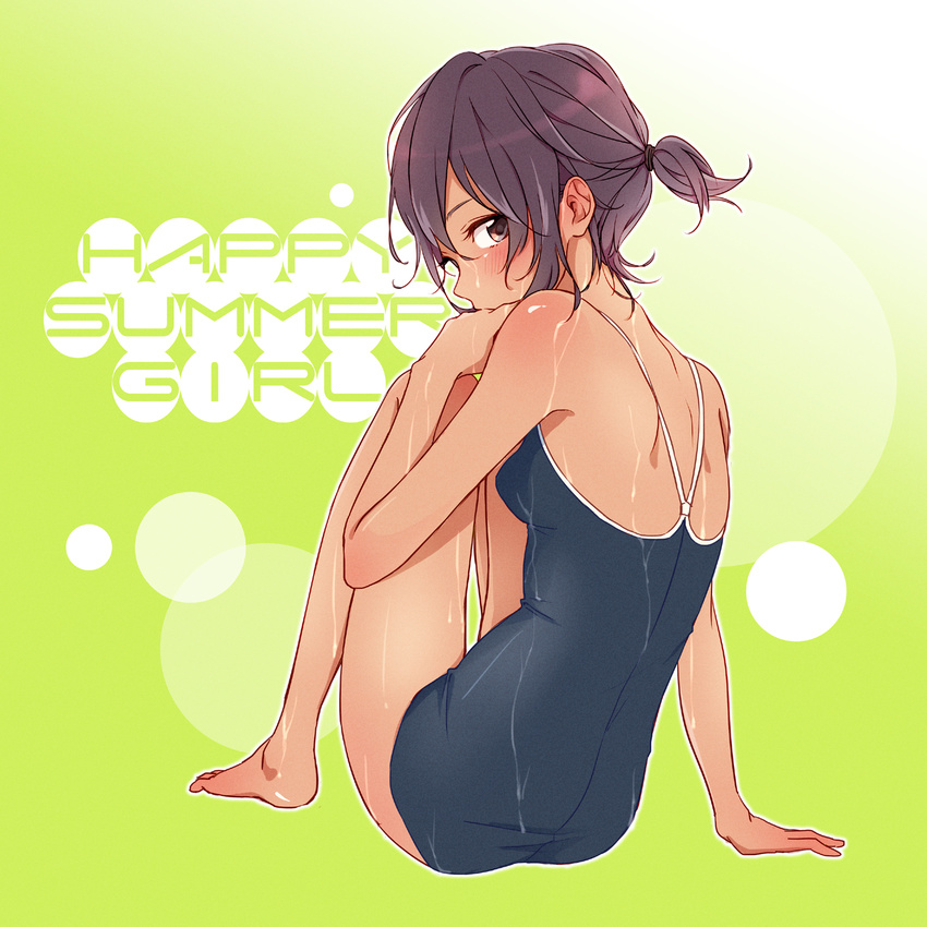ass back bad_id bad_pixiv_id bangs barefoot blue_swimsuit blush breasts brown_eyes commentary_request covering_mouth from_behind full_body green_background hair_between_eyes hand_up highres looking_at_viewer looking_back one-piece_swimsuit original purple_hair school_swimsuit shiny shiny_skin short_hair short_ponytail sidelocks sitting small_breasts solo summer swimsuit tan teti thighs wet