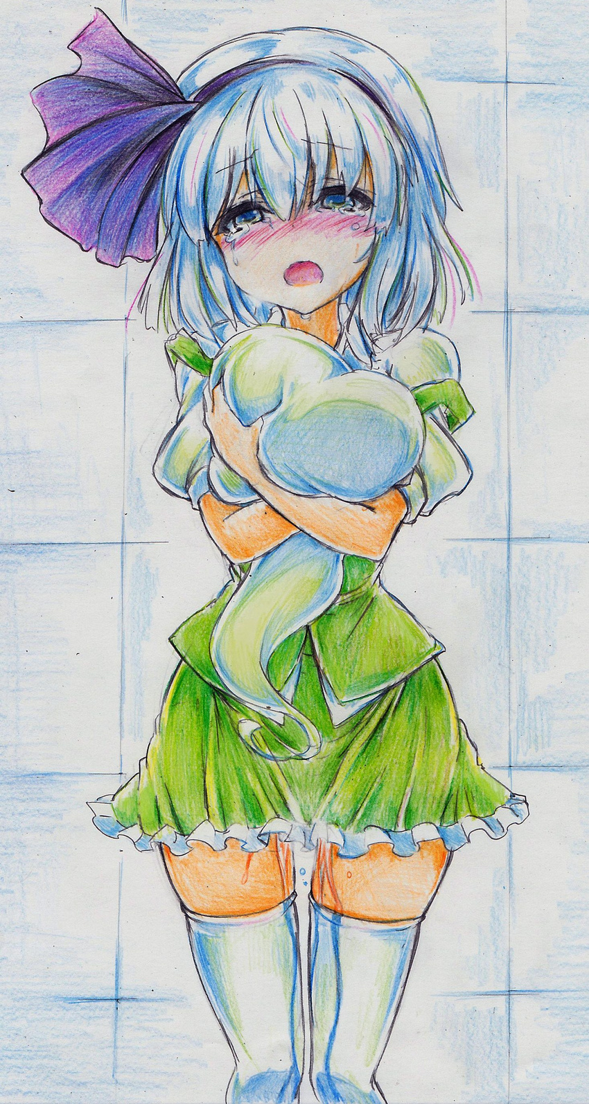 absurdres blue_eyes blush ghost hairband highres hitodama konpaku_youmu konpaku_youmu_(ghost) nichibotsu_(kitaziman) pee peeing peeing_self short_hair silver_hair solo tears thighhighs touhou traditional_media white_legwear