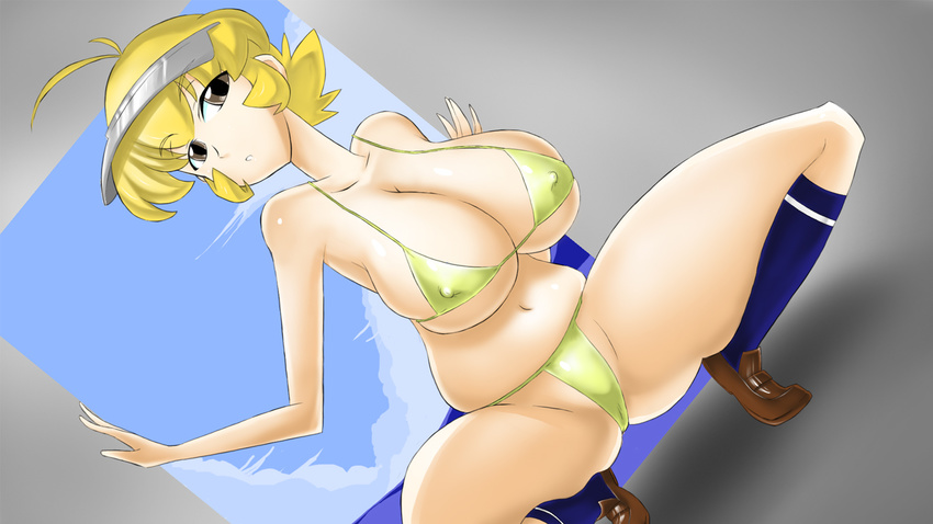 1girl bikini blonde_hair breasts brown_eyes cleavage freakyplanet huge_breasts original short_hair solo swimsuit visor