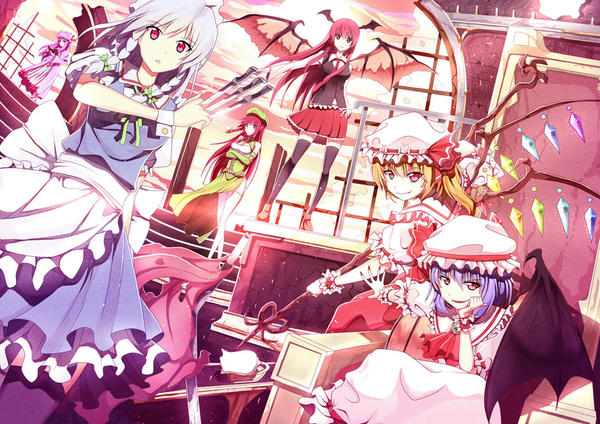 blonde_hair bow braid dress fang flandre_scarlet frills hair_bow hair_ribbon hat head_wings hong_meiling izayoi_sakuya knife koakuma long_hair maid multiple_girls patchouli_knowledge purple_hair red_eyes red_hair remilia_scarlet ribbon rizky_(strated) short_hair side_ponytail slit_pupils smile star thighhighs touhou vampire weapon white_hair wings