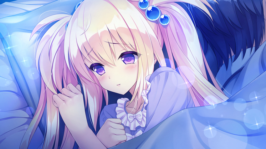 blonde_hair blush game_cg koi_saku_miyako_ni_ai_no_yakusoku_wo_~annaffiare~ long_hair natsume_eri pajamas purple_eyes tsuji_kokoro