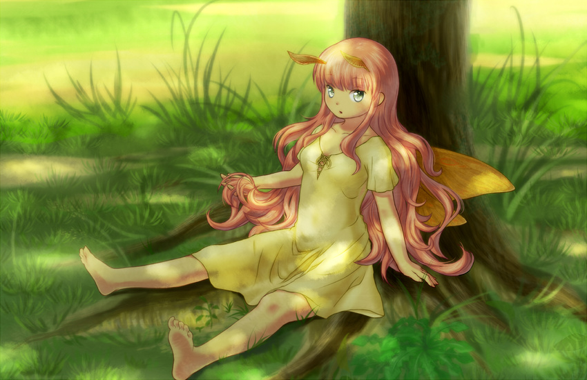 akiduhaniwa antennae barefoot blue_eyes dappled_sunlight dress grass insect_girl insect_wings long_hair moth_wings original pink_hair sitting solo sunlight tree wings