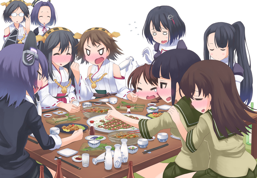 =_= ^_^ alcohol ashigara_(kantai_collection) bangs bare_shoulders black_eyes black_hair blunt_bangs blush braid breasts brown_hair chopsticks closed_eyes cup detached_sleeves drinking_glass drunk elbow_gloves flying_sweatdrops food glasses gloves haguro_(kantai_collection) hair_ornament hairband haruna_(kantai_collection) headgear hiei_(kantai_collection) japanese_clothes kantai_collection kirishima_(kantai_collection) kitakami_(kantai_collection) kongou_(kantai_collection) kuma_(kantai_collection) long_hair meal mechanical_halo medium_breasts multiple_girls nachi_(kantai_collection) ooi_(kantai_collection) opaque_glasses open_mouth plate purple_hair s_ibane sake school_uniform serafuku short_hair skirt soy_sauce table tatsuta_(kantai_collection) tenryuu_(kantai_collection) tokkuri tray twin_braids wavy_mouth