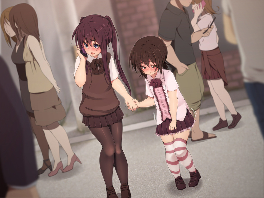 2boys androgynous blue_eyes blush brothers brown_eyes brown_hair cellphone crossdressing dress hand_holding have_to_pee highres hinamizawa_(hina-sawa) loafers multiple_boys outdoors pantyhose phone pigeon-toed public seiryoku-zai_de_seiyoku_bohatsu! shoes siblings skirt striped striped_legwear striped_thighhighs sweater sweater_vest thighhighs trap trembling twintails zettai_ryouiki