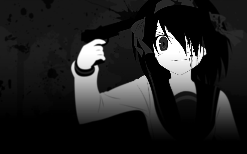 black blood dark edit gun haruhi_suzumiya pistol ribbons shot smile uniform weapon white