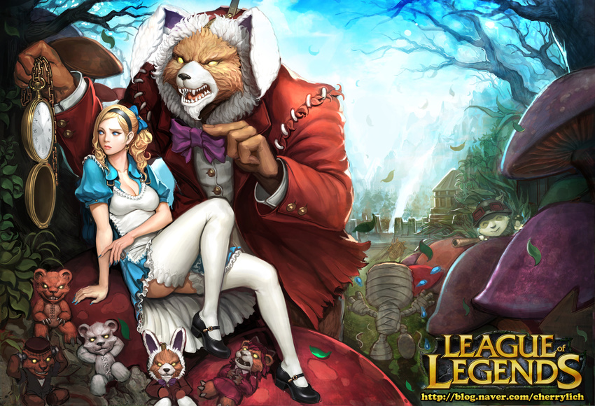 absurdres alice_(wonderland) alice_(wonderland)_(cosplay) alice_in_wonderland amumu animal_ears annie_hastur bear blonde_hair blue_eyes blue_nails bow bowtie breasts bunny_ears chain cleavage copyright_name cosplay daeho_cha dress frilled_dress frills hair_bow helmet highres league_of_legends mary_janes medium_breasts mummy mushroom nail_polish older pocket_watch ponytail puffy_short_sleeves puffy_sleeves rammus shoes short_sleeves suit_jacket teemo thighhighs tibbers watch white_legwear white_rabbit white_rabbit_(cosplay)