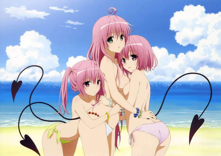 beach bikini lala_satalin_deviluke momo_velia_deviluke nana_asta_deviluke pink_hair swimsuit tail to_love_ru topless