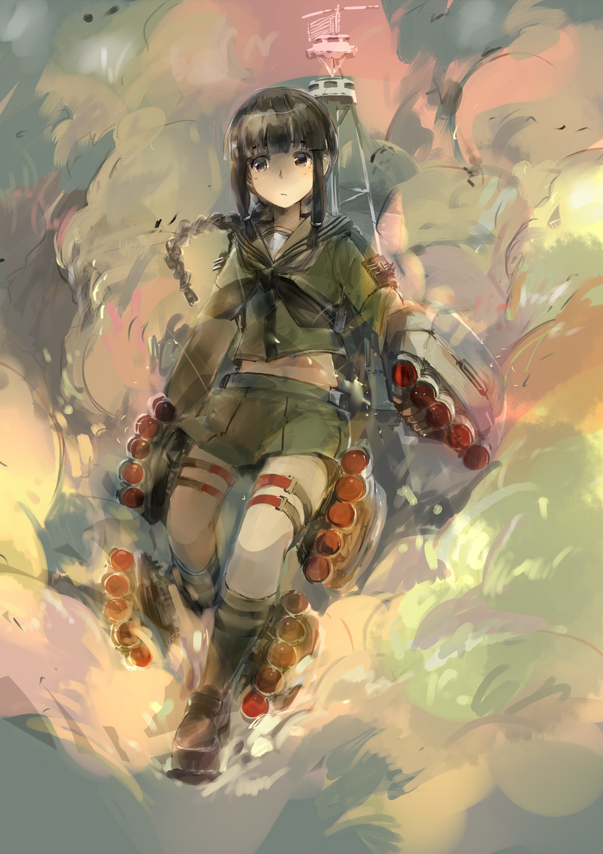 black_hair braid brown_eyes commentary_request custom_(cus-tom) hair_ornament highres kantai_collection kitakami_(kantai_collection) leg_up long_hair machinery mecha_musume midriff pleated_skirt sailor_collar school_uniform single_braid skirt smoke solo thigh_strap