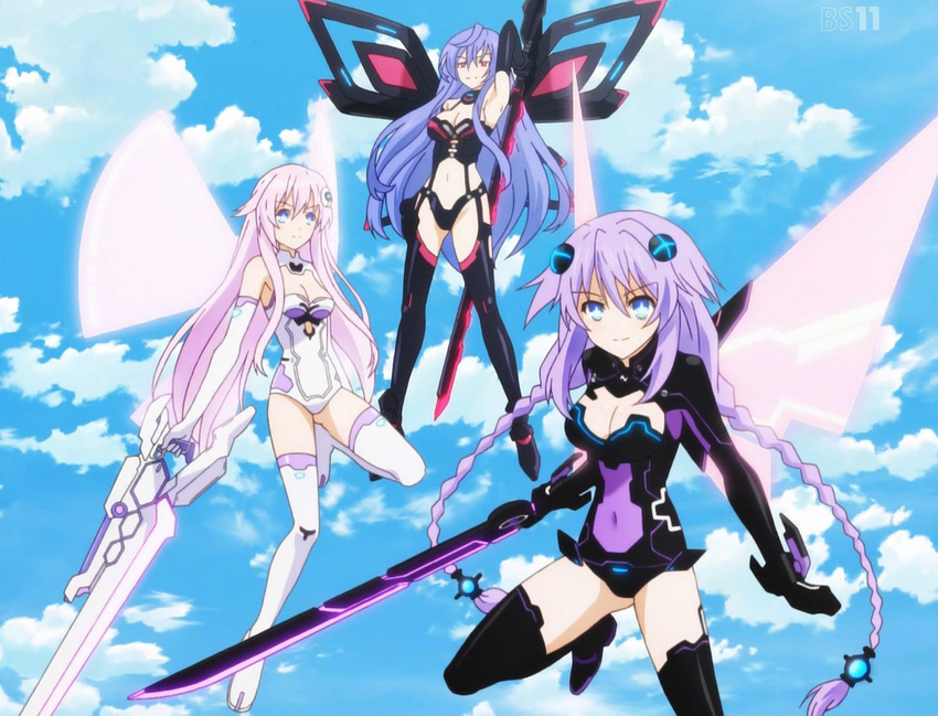 arm_up armpits bangs bare_shoulders black_gloves black_legwear blue_eyes blue_hair boots breasts cleavage cleavage_cutout clenched_hand cloud covered_navel day elbow_gloves emblem flying gloves glowing gun gunblade hair_between_eyes hair_ornament halterneck highres holding holding_weapon iris_heart lavender_hair leg_up leotard light_smile long_hair magical_girl medium_breasts multiple_girls navel neon_trim nepgear neptune_(choujigen_game_neptune) neptune_(series) outdoors power_symbol purple_eyes purple_hair purple_heart purple_sister pururut red_eyes screencap sidelocks sky smile stitched sword symbol-shaped_pupils thigh_boots thighhighs third-party_edit turtleneck vambraces very_long_hair watermark weapon white_gloves white_legwear wings