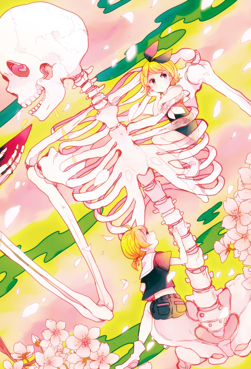 1girl alcohol black_eyes blonde_hair bow cherry_blossoms chin_rest cup hair_bow highres kagamine_len kagamine_rin pekikokko petals sakazuki sake short_hair skeleton vocaloid