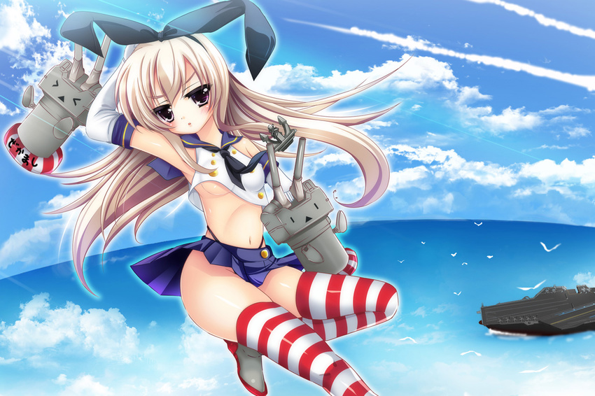 aircraft_carrier blonde_hair blush breasts cloud crop_top crop_top_overhang day kantai_collection lifebuoy long_hair midriff military military_vehicle natsumikan navel purple_eyes rensouhou-chan shimakaze_(kantai_collection) shiny shiny_skin ship skindentation skirt sky small_breasts striped striped_legwear thighhighs underboob warship water watercraft