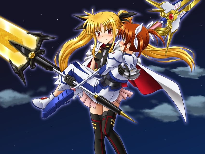 armor bardiche blonde_hair blue_eyes blush brown_hair cape carrying cloud dress energy_sword fate_testarossa gloves hair_ribbon long_hair long_sleeves lyrical_nanoha magical_girl mahou_shoujo_lyrical_nanoha mahou_shoujo_lyrical_nanoha_a's mahou_shoujo_lyrical_nanoha_the_movie_2nd_a's multiple_girls princess_carry puffy_sleeves raising_heart red_eyes ribbon short_twintails skirt sky sleeveless smile soresuthia star_(sky) starry_sky sword takamachi_nanoha twintails weapon yuri