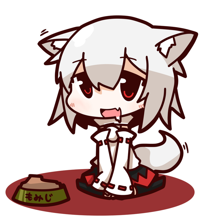 all_fours animal_ears blush bowl detached_sleeves dog_food highres inubashiri_momiji no_hat no_headwear nuu_(nu-nyu) open_mouth pet_bowl red_eyes saliva short_hair simple_background sitting skirt smile solo tail touhou white_background white_hair wolf_ears wolf_tail