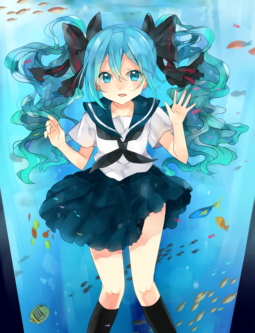 1girl aqua_hair female fish highres kakizato kakizato_shinano ribbon school_uniform solo vocaloid