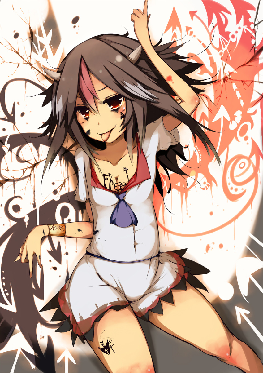 black_hair bow bracelet breast_tattoo breasts cleavage dress highres horns jewelry kijin_seija looking_at_viewer multicolored multicolored_clothes multicolored_dress multicolored_hair red_eyes short_sleeves small_breasts smile solo tattoo tongue touhou venomrobo white_hair