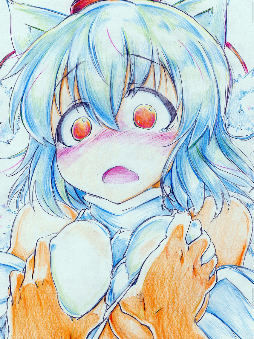 absurdres animal_ears blush breast_grab breasts colored_pencil_(medium) covered_nipples detached_sleeves face grabbing hat highres inubashiri_momiji kitazinger medium_breasts no_bra open_mouth red_eyes shocked_eyes short_hair silver_hair solo_focus tears tokin_hat touhou traditional_media underboob upper_body wolf_ears