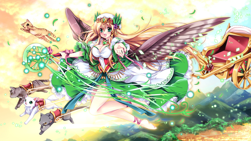 :d ankle ankle_ribbon barefoot black_wings blonde_hair breasts cat cleavage dress feathered_wings field flying forest freyja_(p&amp;d) full_body green_eyes green_skirt highres legs looking_at_viewer medium_breasts nature open_mouth outdoors outstretched_arms plant puffy_short_sleeves puffy_sleeves puzzle_&amp;_dragons ribbon sakurano_tsuyu shirt short_sleeves skirt sled smile staff tree white_shirt wings